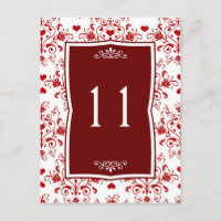 Damask red on white floral, hearts Table Number