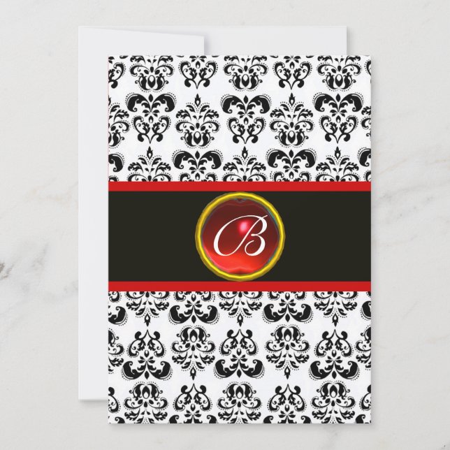 DAMASK RED RUBY MONOGRAM,black and white Invitation (Front)