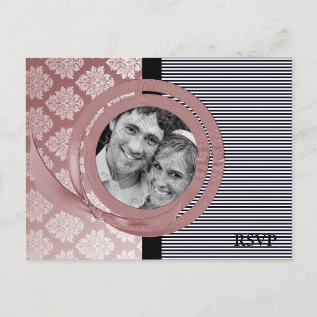 Damask Ribbon photoframe Wedding RSVP postcard (Front)