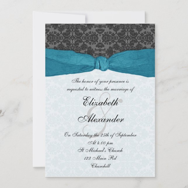 Damask Ribbon Wrapped Invitation - Teal (Front)