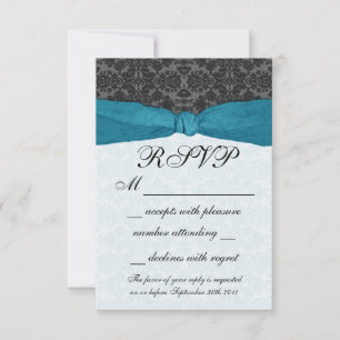 Damask Ribbon Wrapped RSVP - Teal Card