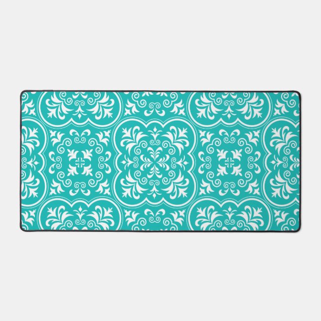 Damask Robin Egg Blue Designer Colour Coordinated Desk Mat (Front)