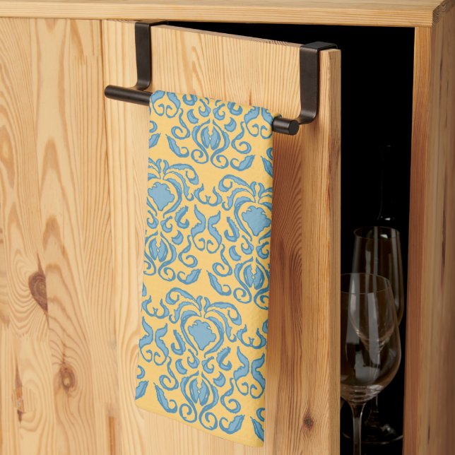 Damask robins egg blue old world brick pattern kitchen towel (Thirds Fold)