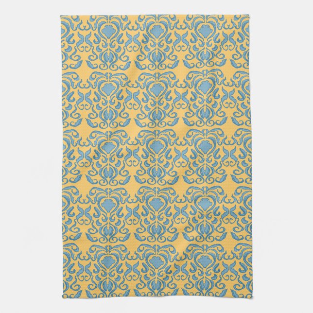 Damask robins egg blue old world kitchen towel (Vertical)