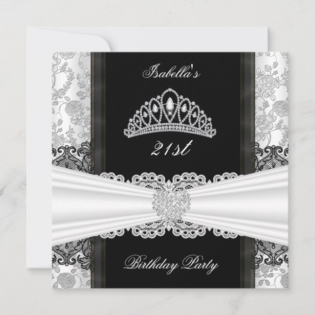 Damask Rose Black White Tiara Birthday Party Invitation (Front)