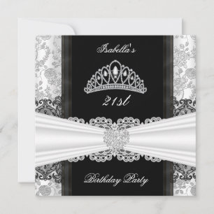 Damask Rose Black White Tiara Birthday Party Invitation