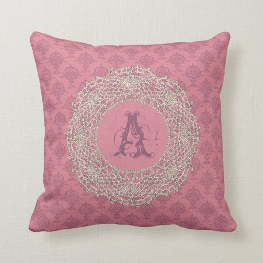 Damask Rose Pink Ecru Crochet Throw Pillow