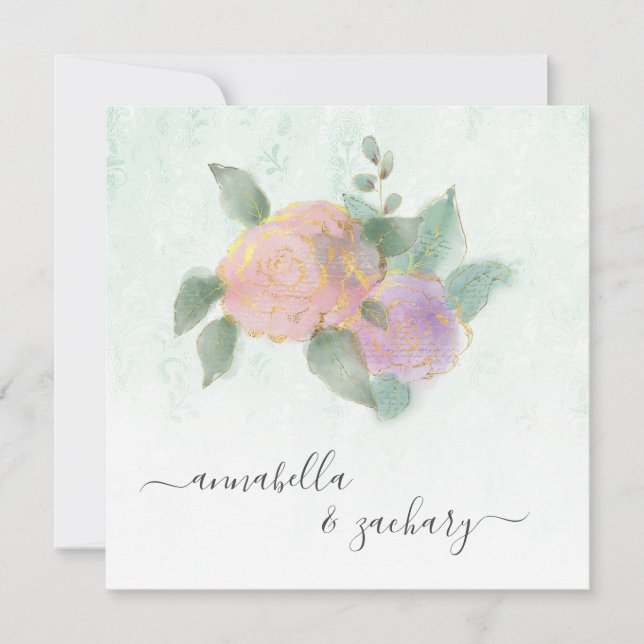 *~* Damask ROSE QR RSVP Glitter -  AR12 Wedding Invitation (Front)