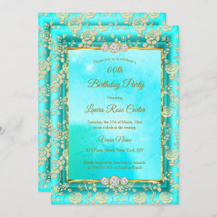 Damask rose teal blue Gold Birthday Party Invitation