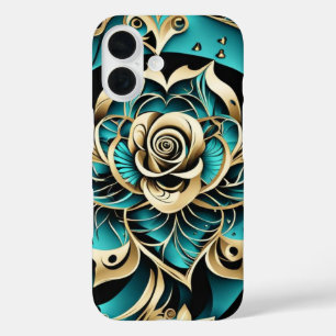 Damask Rose Teal, Gold and Black iPhone 16 Case