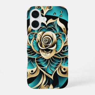 Damask Rose Teal, Gold and Black iPhone 16 Case