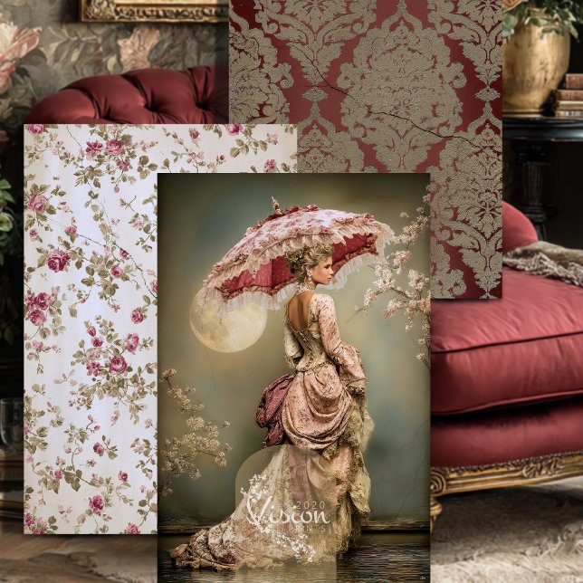 Damask Rose Victorian Moon Cherry Blossom Wrapping Paper Sheet (Three art panels fanned on crimson damask backdrop with vintage red chaise
)