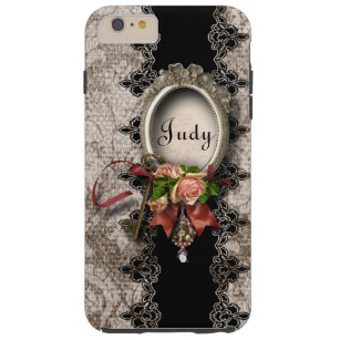 Damask, Roses and Ornate Silver Frame Personalized Tough iPhone 6 Plus Case