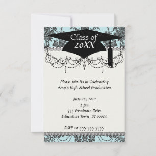 damask roses light blue and black graduation invitation