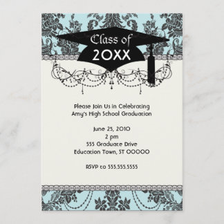 damask roses light blue and black graduation invitation
