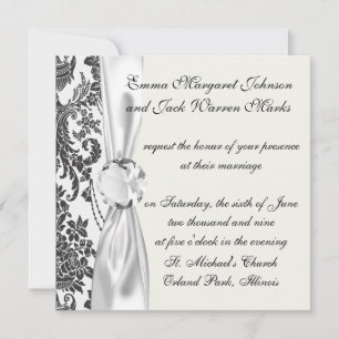 damask roses white and black invitation