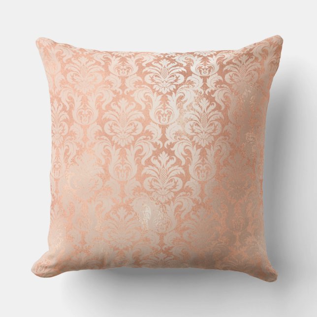 Damask Royal Metal Copper Peach Pink Rose Gold Throw Pillow (Front)