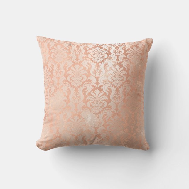 Damask Royal Metal Copper Peach Pink Rose Gold Throw Pillow (Front)