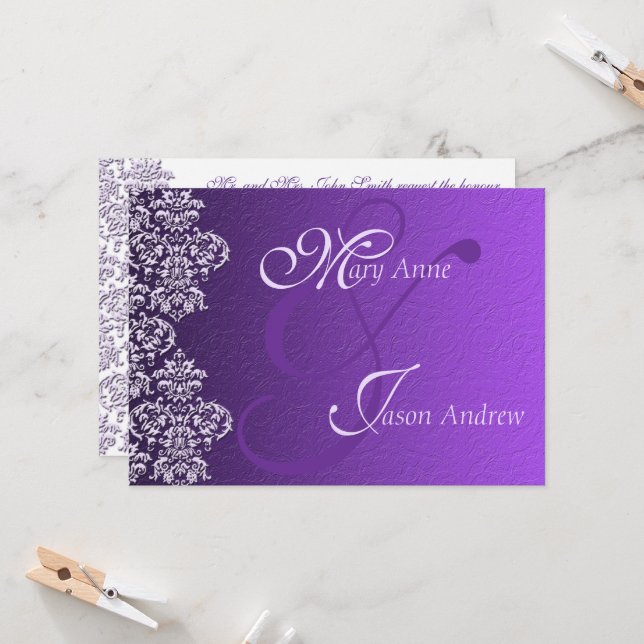 Damask Royal Purple Wedding Invitation Card (Front/Back In Situ)