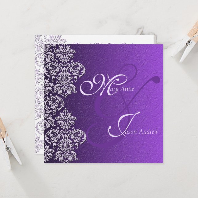 Damask Royal Purple Wedding Invitation Card (Front/Back In Situ)