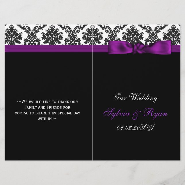damask, ruban violet livre plié Mariage programme (Devant)