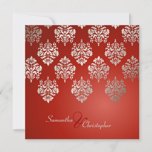 Damask/ruby red/faux silver wedding invitations (Front)