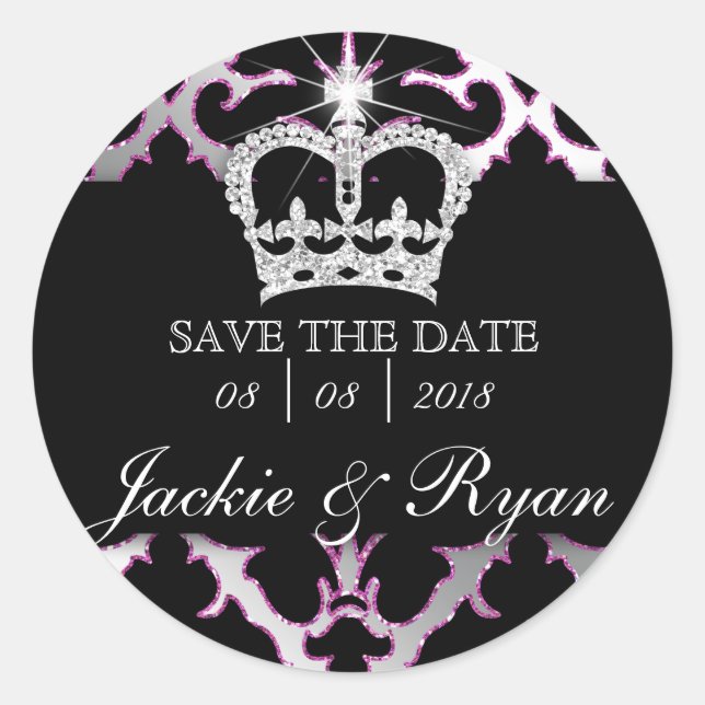 Damask Save Date Wedding Stickers Pink Crown (Front)