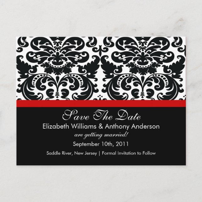 Damask Save The Date Red POSTCARD! Announcement Postcard (Front)