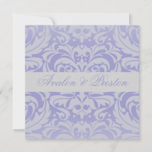 Damask Scroll Ribbon Blue Wedding Invitation