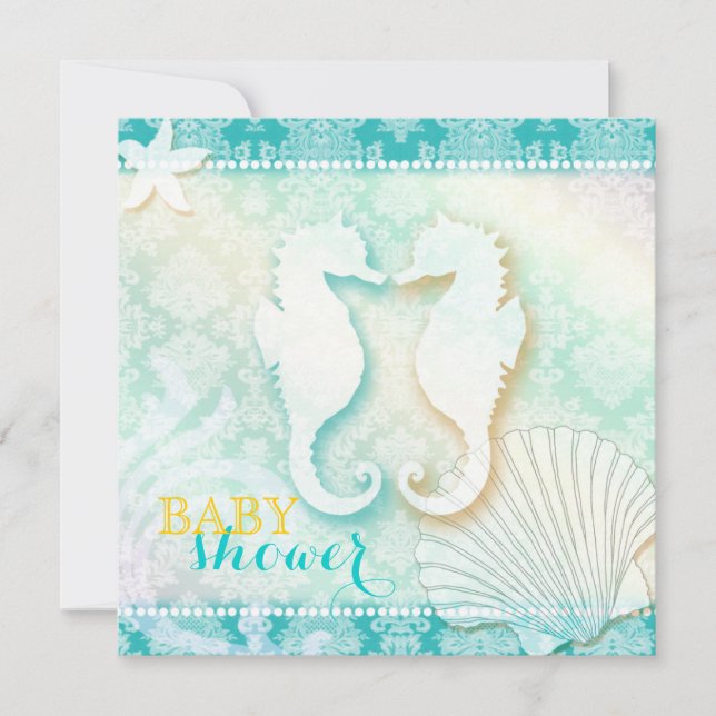 Damask Sea Horse Beach Baby Shower Invitation (Front)