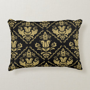 Damask seamless black and golden ornament. Traditi Accent Pillow