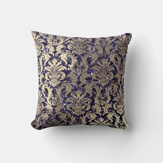 Damask Sepia Gold  Metallic Blue Navy Glitter Throw Pillow (Front)