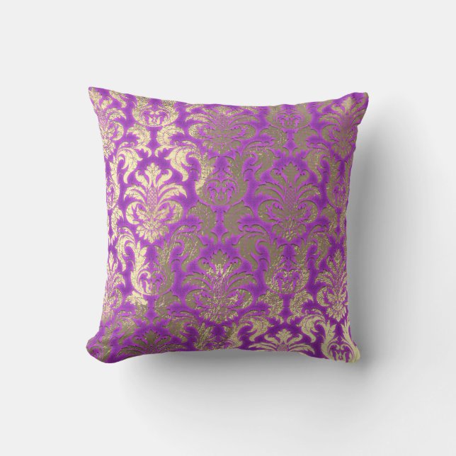 Damask Sepia Gold  Metallic Magenta Bright Pink Throw Pillow (Front)