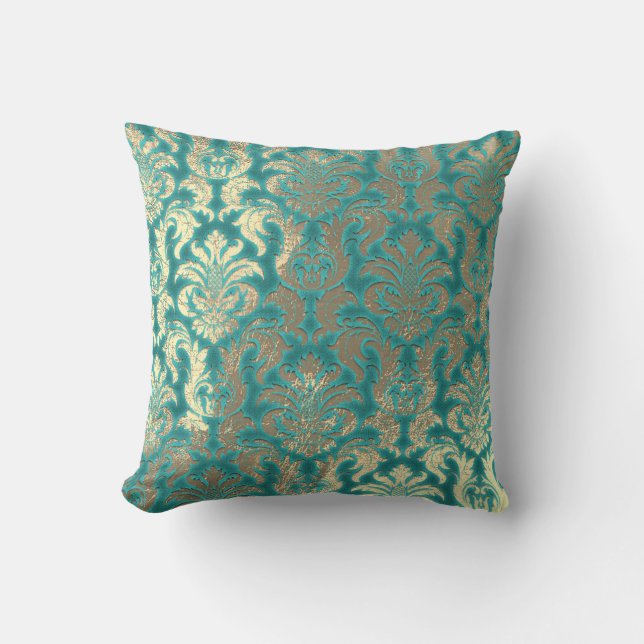 Damask Sepia Gold  Metallic Mint Blu Velvet Effect Throw Pillow (Front)