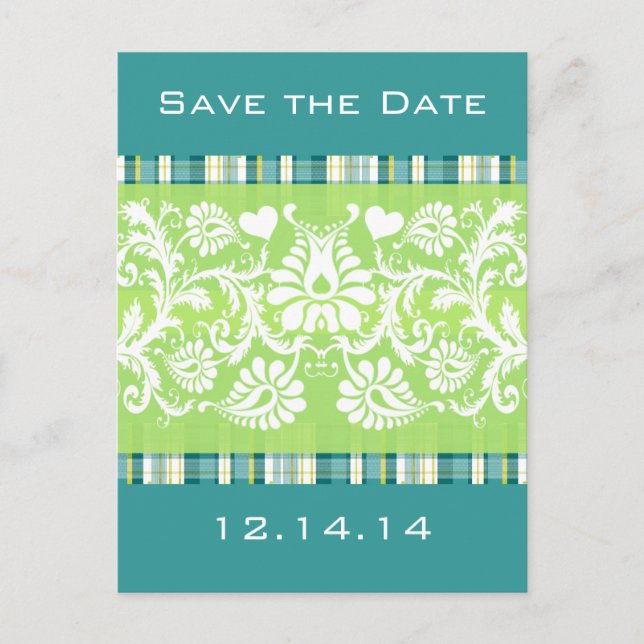 Damask Shown On Teal Plaid On Lime Announcement Postcard (Front)