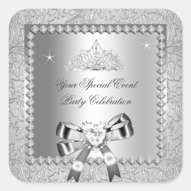 Damask Silver Diamonds Tiara Bow Heart Images Square Sticker (Front)