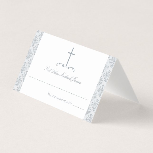 Damask Silver Grey Première communion Croix religi (Front)