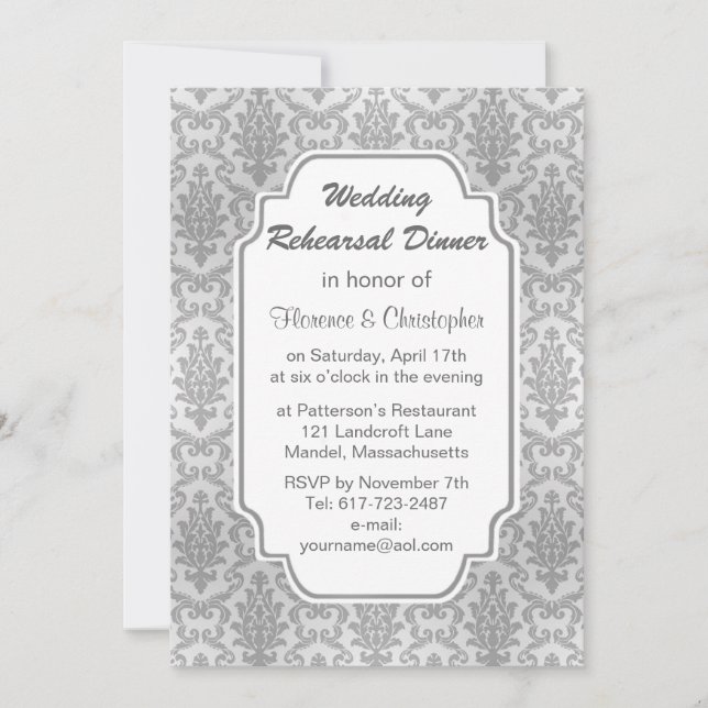 Damask silver grey Rehearsal Dinner Invitation (Front)