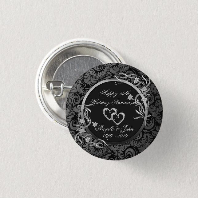 Damask, Silver Hearts,Floral Wedding Anniversary 1 Inch Round Button (Front & Back)