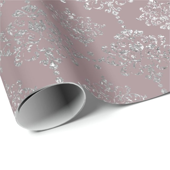 Damask Silver  Royal Metallic Mauve Gray Pink Wrapping Paper (Roll Corner)