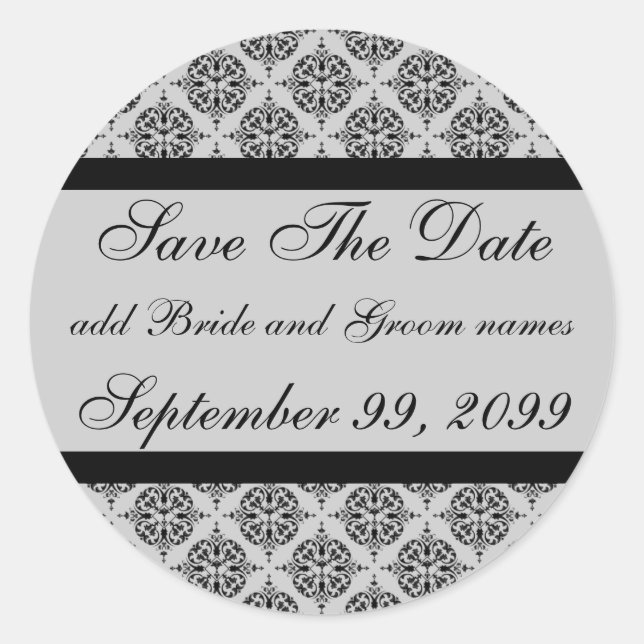 Damask Silver Save The Date Reminders Classic Round Sticker (Front)