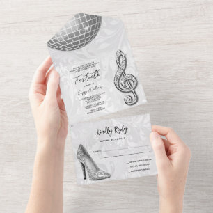 Damask, Silver Stiletto, Music & Disco Ball 40th All In One Invitation