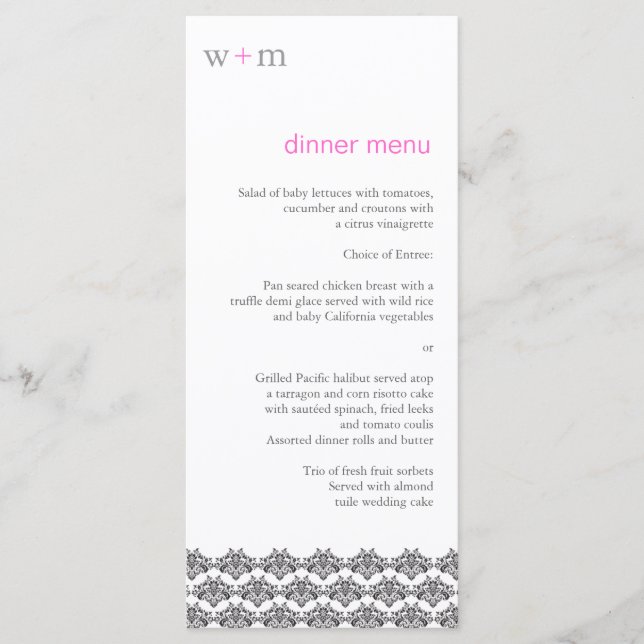 Damask Simplicity Gris rose Mariage Menu (Devant)