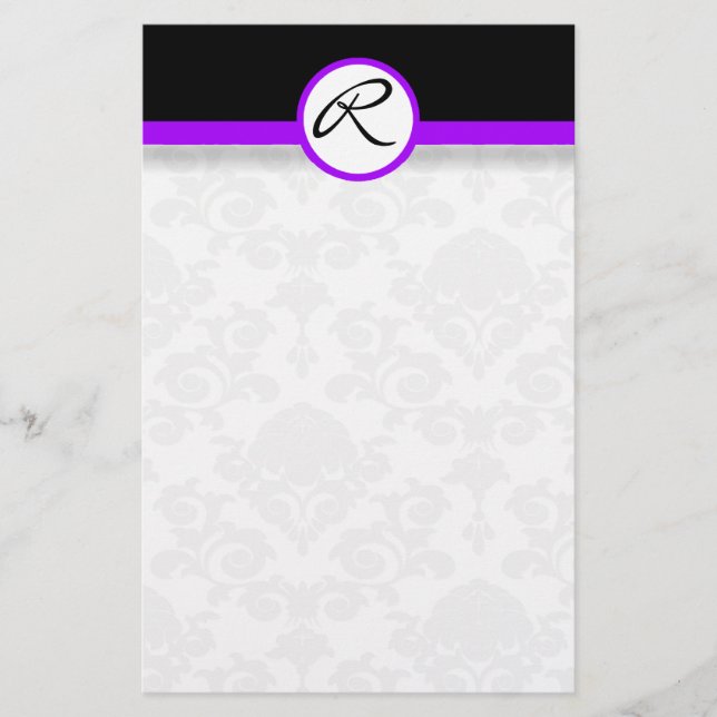Damask Single Line Purple Monogram Stationery (Front)