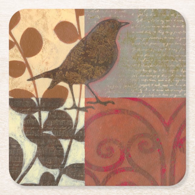 Damask Sparrow Square Paper Coaster (Front)