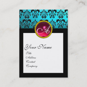 DAMASK SQUARE MONOGRAM, blue turquase red ruby Business Card