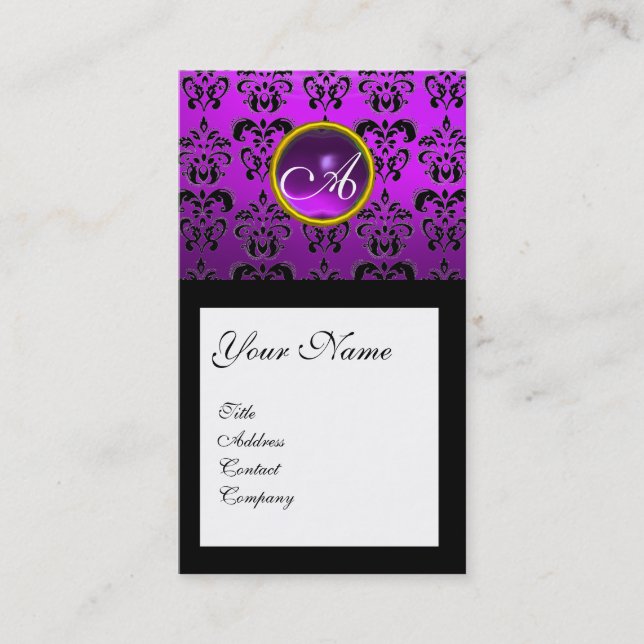 DAMASK SQUARE MONOGRAM,purple, violet amethyst Business Card (Front)