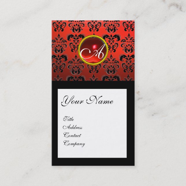 DAMASK SQUARE MONOGRAM,red ruby Business Card (Front)
