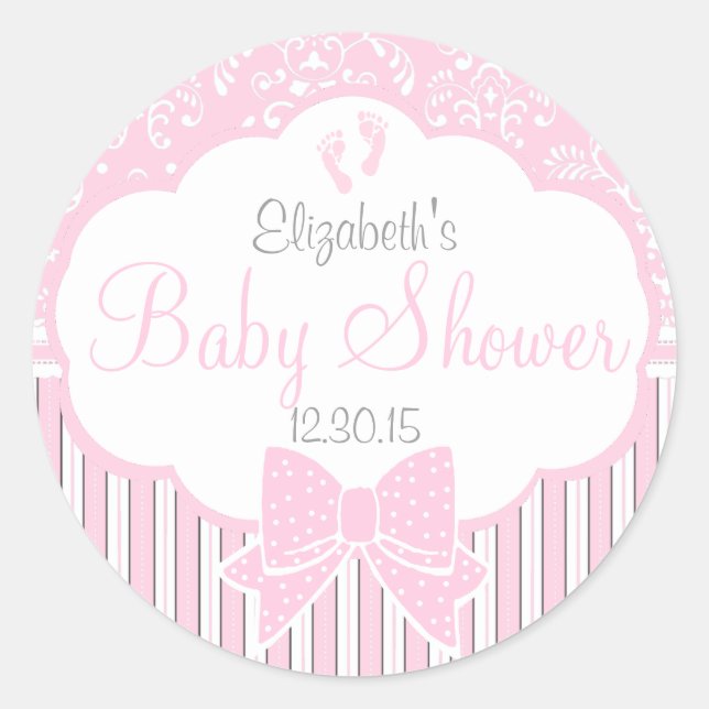 Damask, Stripes Footprints Pink Baby Shower Classic Round Sticker (Front)