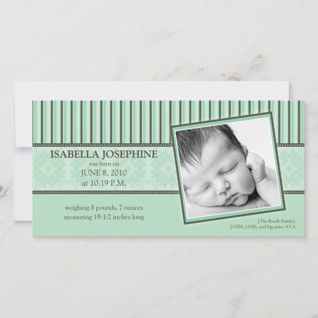 Damask & Stripes Mint Green Birth Announcement (Front)